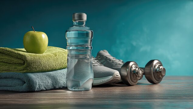 Fitness essentials on a wooden table. A green apple, water bottle, exercise towel, sneakers and dumbbells are arranged on a wooden surface against a teal/blue blurred background - Powered by Adobe