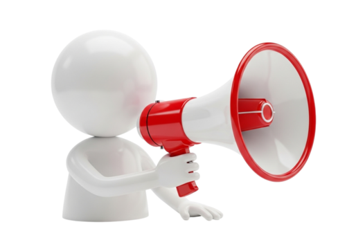 3d figure holding a red and white megaphone isolated on transparent background