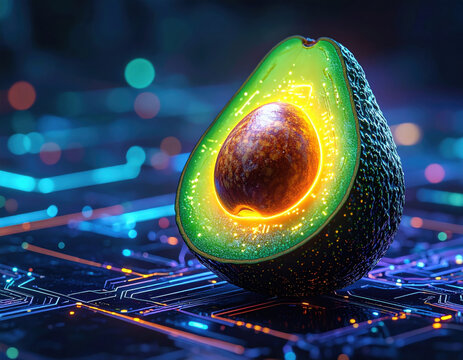Glowing avocado neon circuitry cyberpunk tech organic futuristic bioluminescent digital grid sliced fruit vibrant green sci fi vibe and wonder