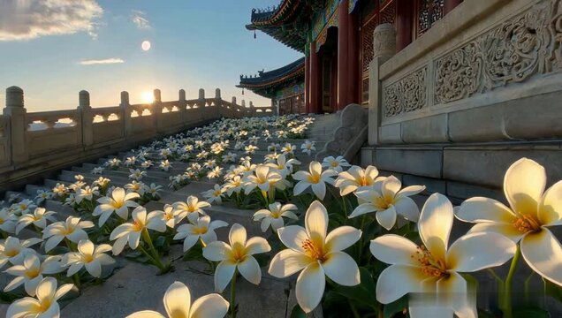 Parijat night jasmine flowers glowing on temple steps in cinematic dawn