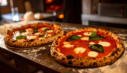 Two pizzas on a countertop