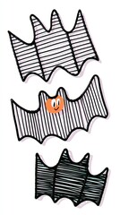 Abstract bat shapes with smiling orange face and striped patterns