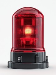 Red flashing emergency light.  Rounded, clear red lens housing a bright, amber-yellow light.  Dark black base