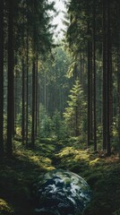 Fototapeta premium Serene forest pathway with lush greenery and tall trees capturing nature's tranquility