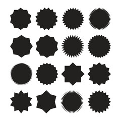 Collection of black badge and seal shapes with starburst and circular edges, blank award stickers, promotional labels, discount tags, certificate and guarantee symbol design