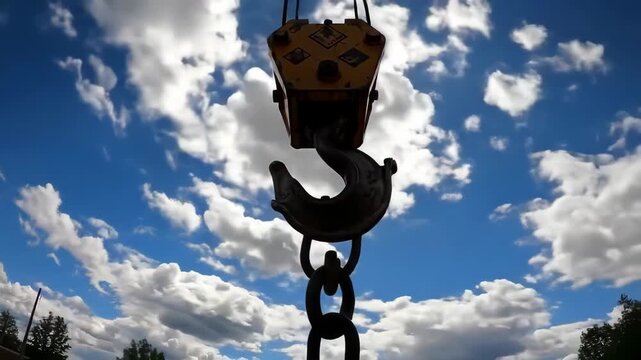 Heavy duty crane hook suspended against dramatic cloudy sky, symbolizing construction and power