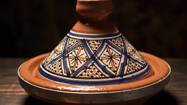 Close-up Cinematic Shot of a Traditional Moroccan Tagine Pot with Intricate Geometric Patterns