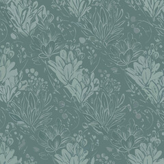 Elegant floral pattern in shades of teal with botanical illustrations and textures, seamless pattern, Stock royalty image.