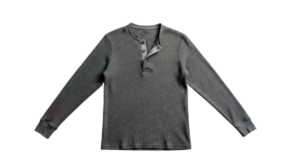 A dark gray long-sleeved Henley shirt with a button placket, laid flat on a white background.