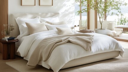 Serene modern bedroom with minimalist decor and large windows overlooking garden