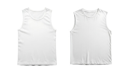Two plain white sleeveless tank tops are displayed against a clean white background, showcasing their simple design and fabric texture.