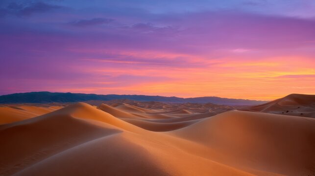 Vast desert landscape with endless sand dunes under a vibrant orange and purple sunset sky - Powered by Adobe