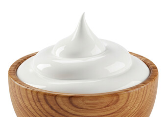 Creamy yogurt in wooden bowl isolated on transparent background