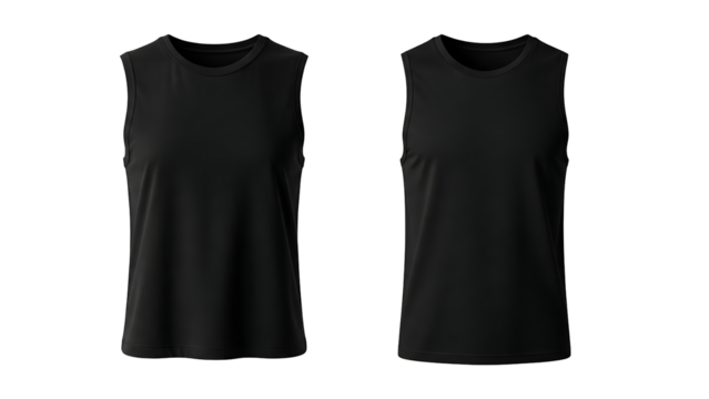 Two plain black sleeveless shirts displayed against a white background.