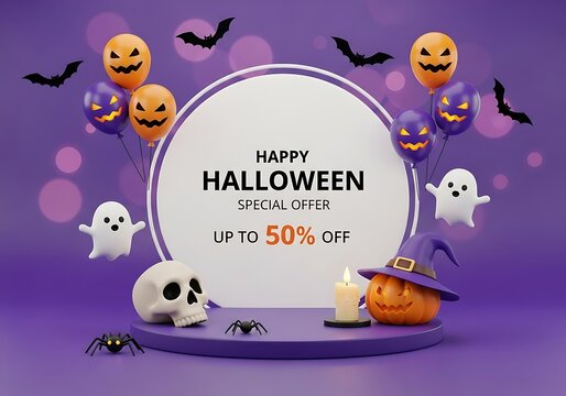 Happy halloween special offer with pumpkins and ghosts