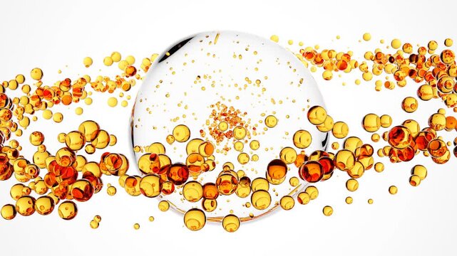 Elegant 3D abstract animation of a transparent sphere filled with orange bubbles and surrounded by orbiting orange spheres, ideal for cosmetic branding, beauty products, skincare ads, clean science