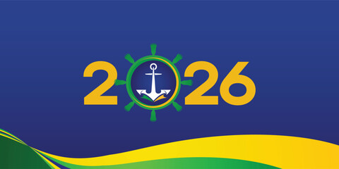 Happy New Year 2026 celebration poster with Brazil's flag and bold 2026 typography, designed in a patriotic theme for citizens, Navy, Marines, students, and festive events banners, cards, flyers