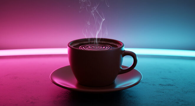 Steaming cup of hot coffee on a saucer illuminated by vibrant pink and blue neon lights. - Powered by Adobe