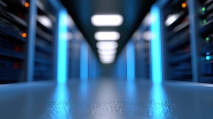 A 3D render of a futuristic server room with glowing blue light, symbolizing data processing and cloud technology.