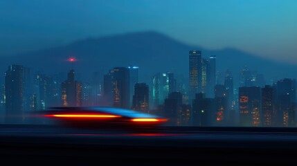Futuristic city skyline at dusk with flying cars zooming past sleek skyscrapers bathed in neon lights