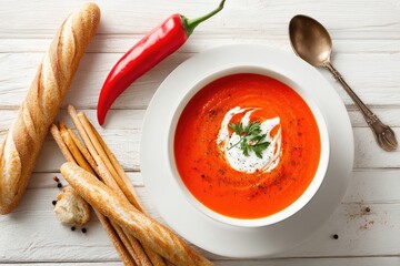 Creamy, vibrant orange soup with a dollop of topping, served alongside crusty breadsticks and a red chili pepper
