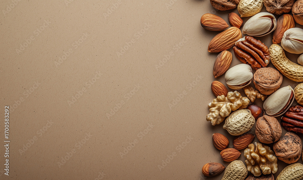 Poster assorted nuts-almonds, walnuts, pistachios, peanuts and more-arranged along the right edge on a brow