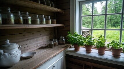 A cozy country kitchen features white cabinets and wooden shelves filled with glass jars, enhanced by a lovely view of nature through balcony doors