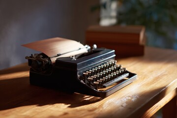 Vintage typewriter with a partially typed letter on a wooden desk illuminated by warm sunlight through a nearby window