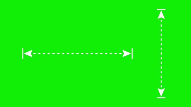 2d measurement arrows animation with dotted lines on green screen vertical and horizontal scale indicator motion graphics for dimensions.