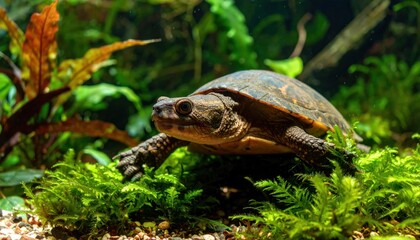 Fototapeta premium Turtle in aquarium with water, plants, nature, wildlife, and closeup.