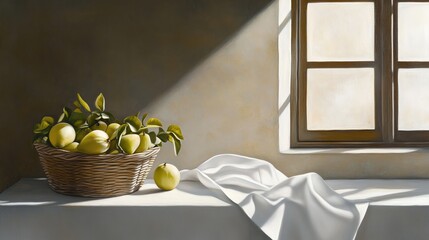 Fresh figs, oranges, and apples fill a basket beside an open window, where sunlight filters through, casting artistic shadows on the table