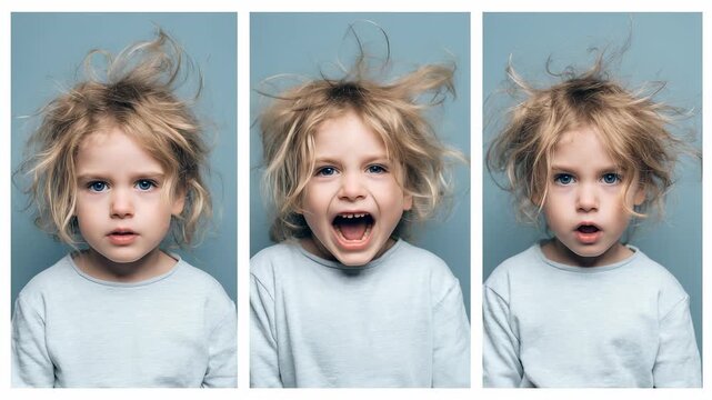 Little child with messy hair showing different emotions, triptych portrait.