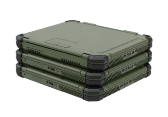 Three rugged, olive green military-grade laptops with thick chassis and rubberized corners, precisely stacked against a transparent background with copy space, concept of durable field equipment