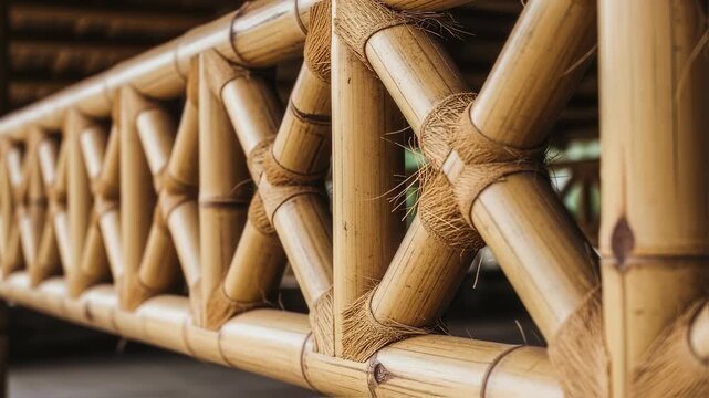 Detailed view of bamboo nodes and fiber patterns within a structural truss illustrating material strength and resilience.