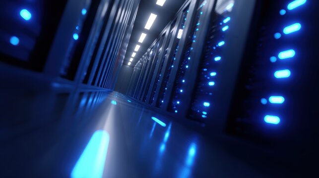A 3D render of a futuristic server room with glowing blue light, symbolizing data processing and cloud technology.