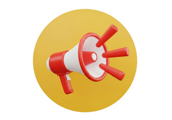 3d red and white megaphone on yellow circle isolated on transparent background