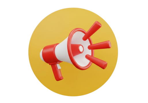 3d red and white megaphone on yellow circle isolated on transparent background