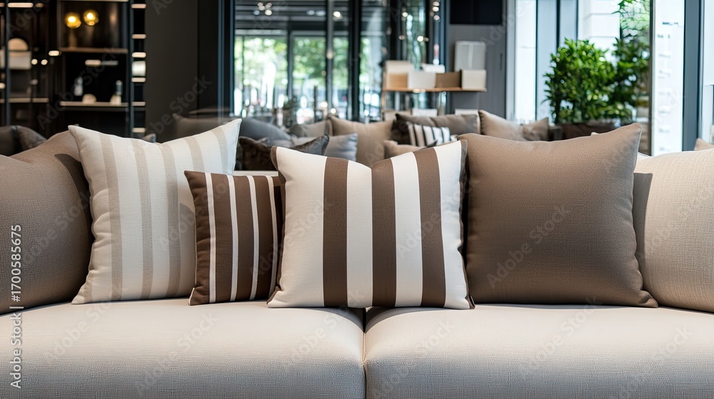 Poster close-up view of luxurious cushions on a sofa showcases rich textures and patterns, creating a cozy 