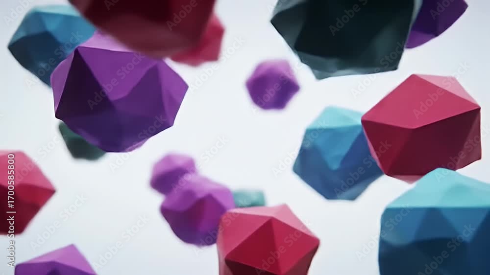 Poster dynamic motion of colorful geometric polyhedrons floating in white space, abstract 3d animation