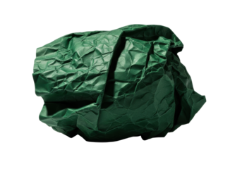Thick, opaque deep forest green crumpled butcher paper, highly textured with sharp folds and natural wrinkles, isolated on a transparent background with dramatic chiaroscuro lighting, rustic material