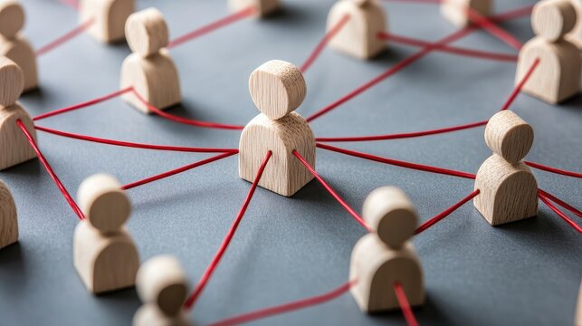The red figure symbolizes a focal point in a human resources hierarchy, connected to diverse individuals by lines, highlighting teamwork and individual growth