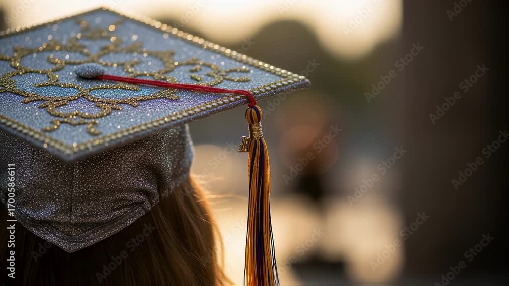 Poster focused medium shot on a decorated graduation cap with shimmering glitter patterns complemented by a
