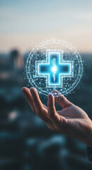 Hand holding glowing medical cross symbol, digital network concept, healthcare, technology, medicine, innovation, future