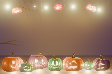 Halloween carved pumpkins with lights creating a festive atmosphere. 3d rendering