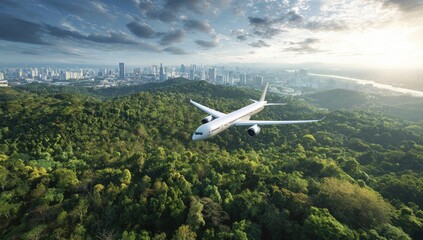 Airplane soaring above lush city forest