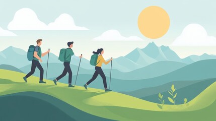 Three hikers with backpacks and trekking poles walking on a green mountain trail under a sunny sky with clouds