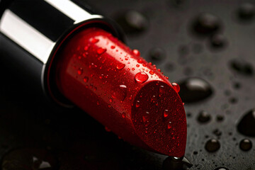 Creative photo of cosmetics makeup beauty products smashed red lipstick swatches beauty fashion...