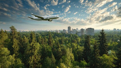 Airplane over city park at dawn