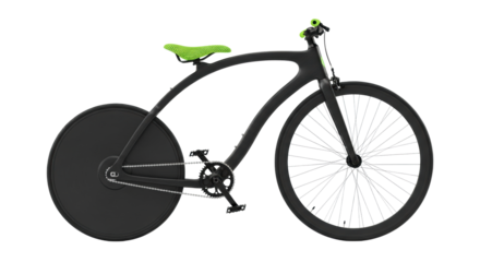 A futuristic matte black carbon fiber penny-farthing bicycle with oversized aerodynamic disc wheels and neon green mesh seat, on a transparent background with copy space, concept of cutting-edge