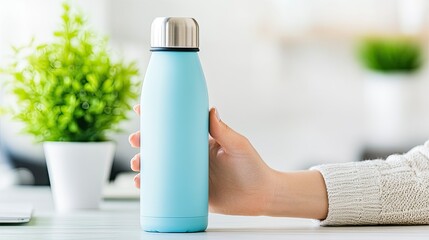 A close-up view highlights a woman’s hand gripping a stylish blue stainless steel water bottle, set against a clean office backdrop, ideal for kids and young adults